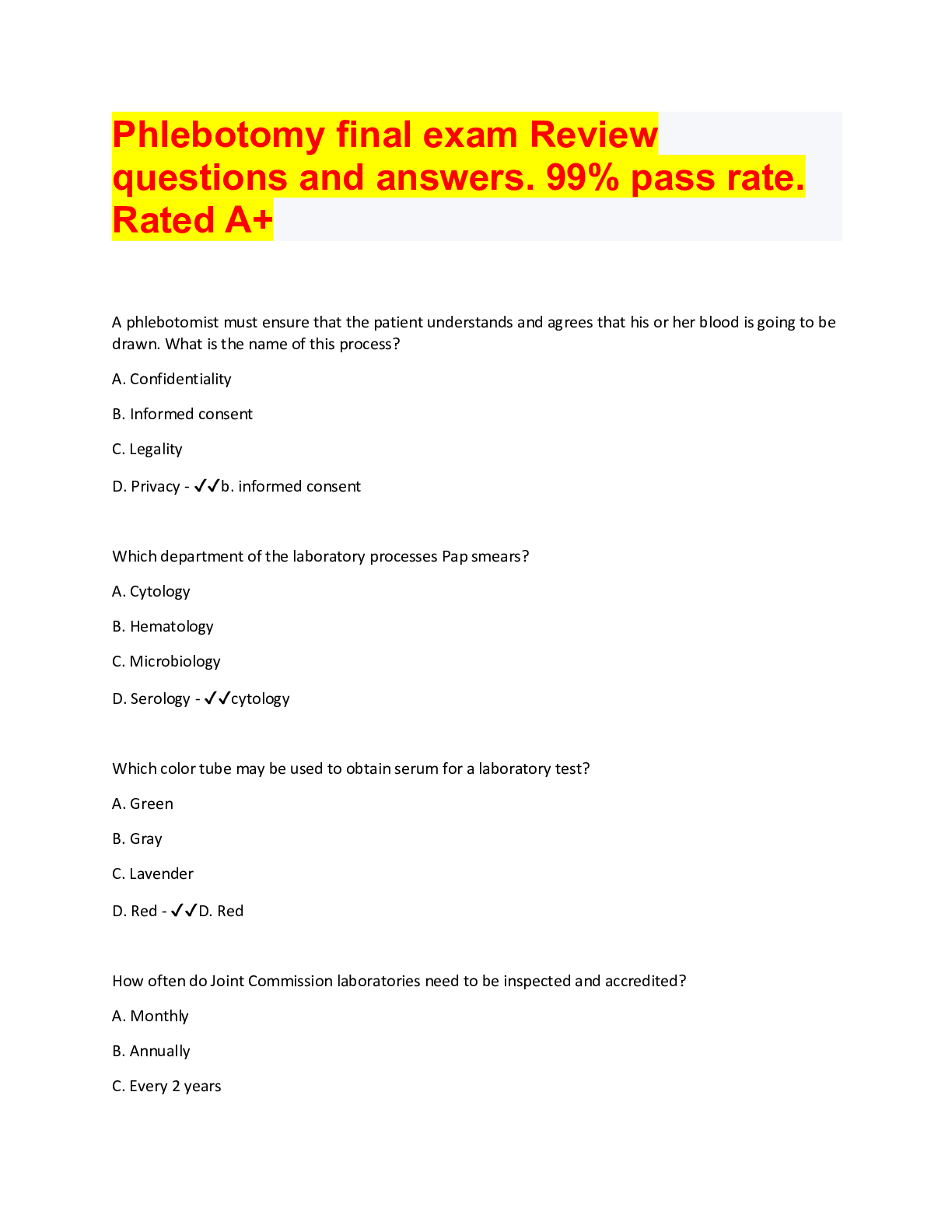 Phlebotomy final exam Review questions and answers. 99% pass rate
